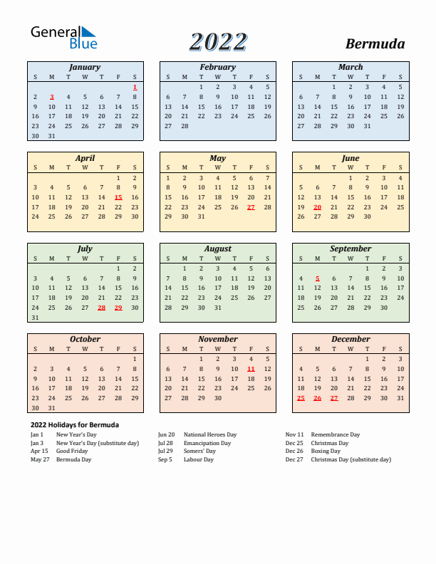 Bermuda Calendar 2022 with Sunday Start