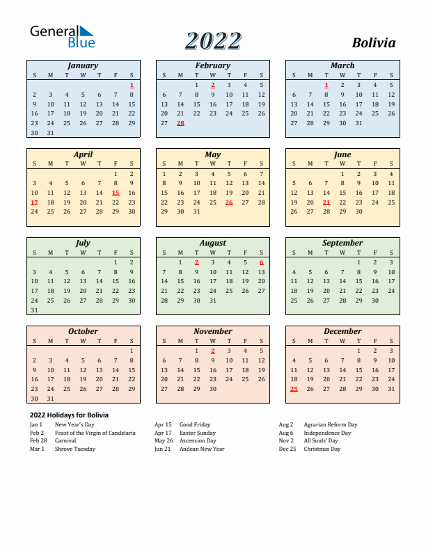 Bolivia Calendar 2022 with Sunday Start