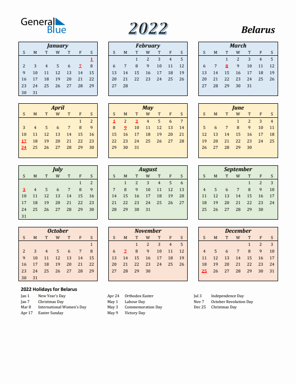 Belarus Calendar 2022 with Sunday Start