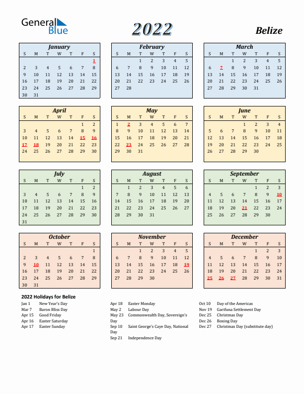 Belize Calendar 2022 with Sunday Start