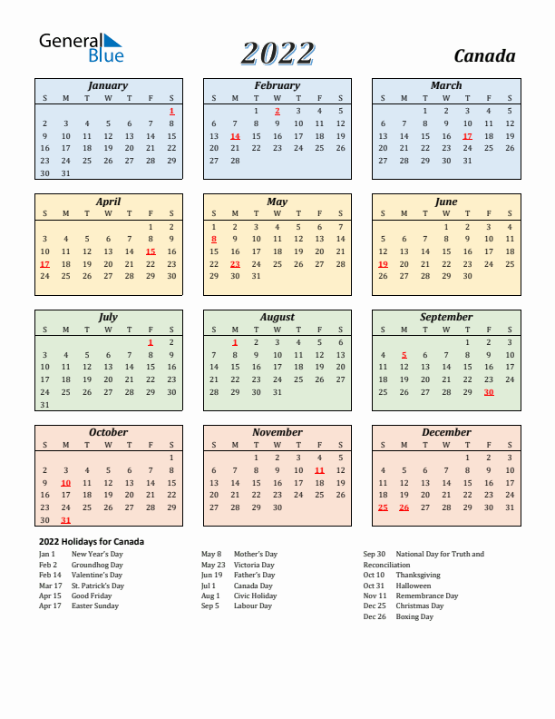 Canada Calendar 2022 with Sunday Start