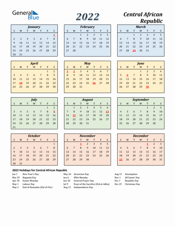 Central African Republic Calendar 2022 with Sunday Start