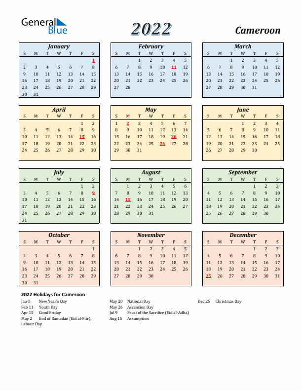 Cameroon Calendar 2022 with Sunday Start