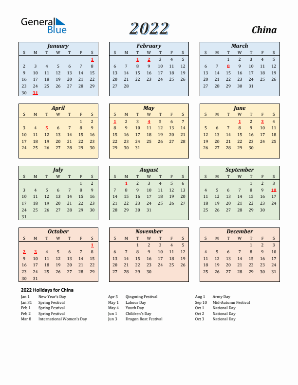 China Calendar 2022 with Sunday Start