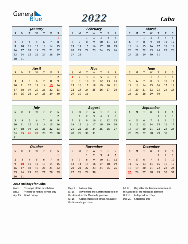 Cuba Calendar 2022 with Sunday Start