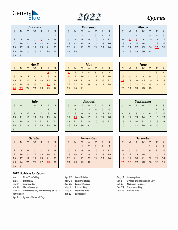 Cyprus Calendar 2022 with Sunday Start
