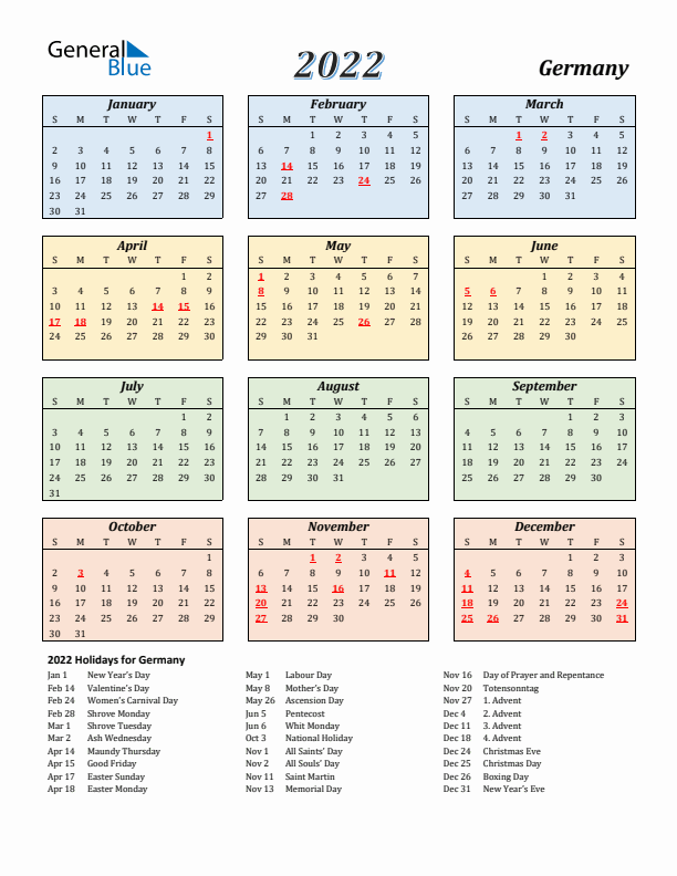 Germany Calendar 2022 with Sunday Start