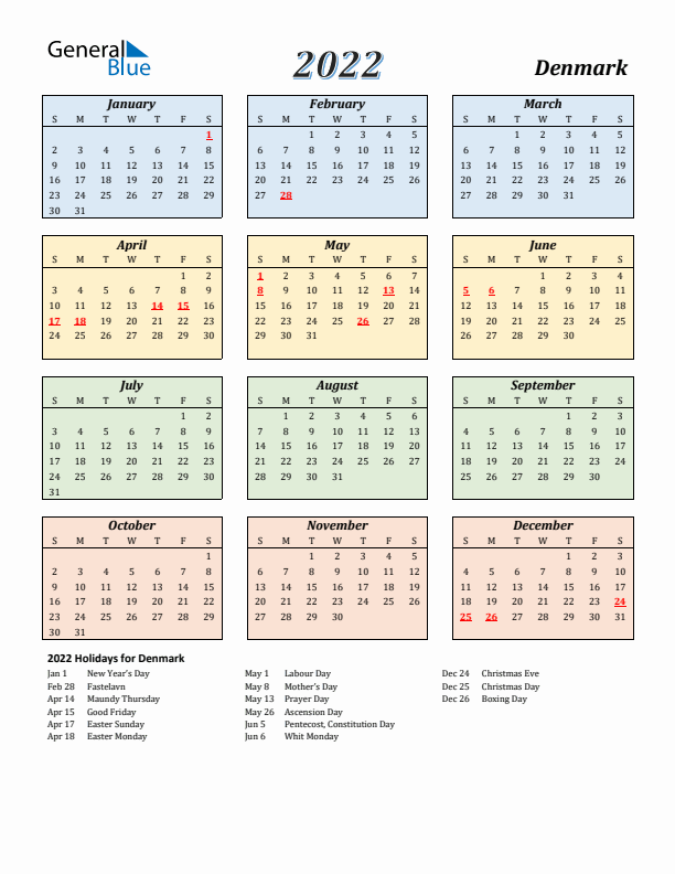 Denmark Calendar 2022 with Sunday Start