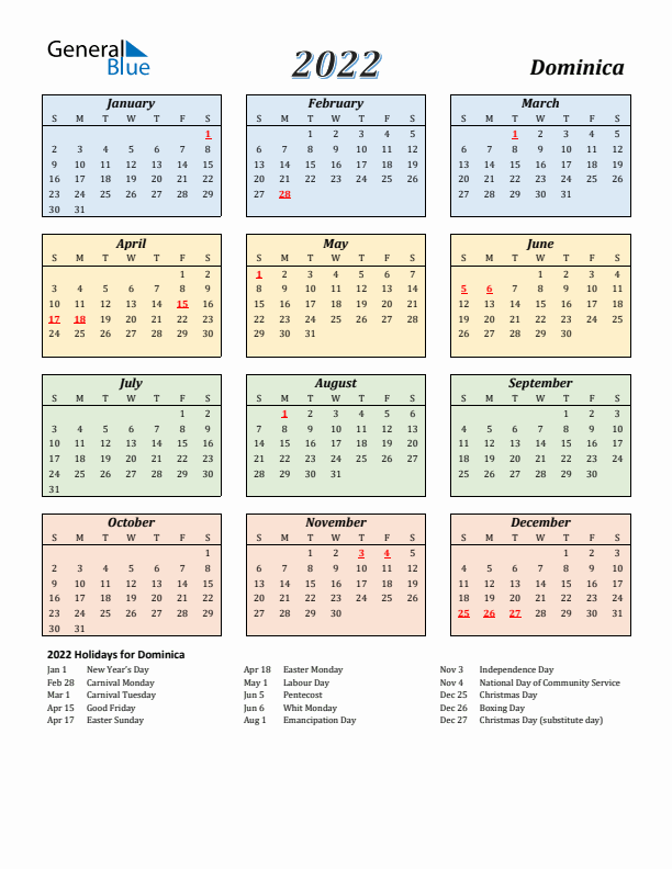 Dominica Calendar 2022 with Sunday Start