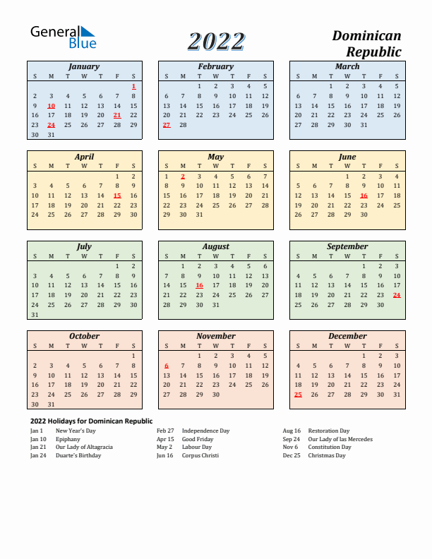 Dominican Republic Calendar 2022 with Sunday Start
