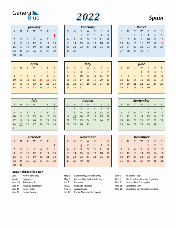 Spain Calendar 2022 with Sunday Start