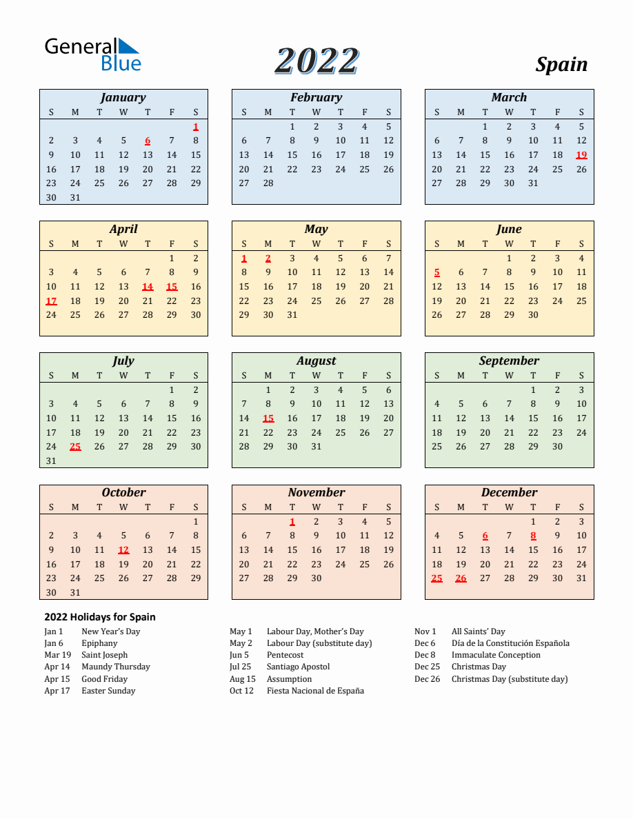 2022 Spain Calendar with Sunday Start