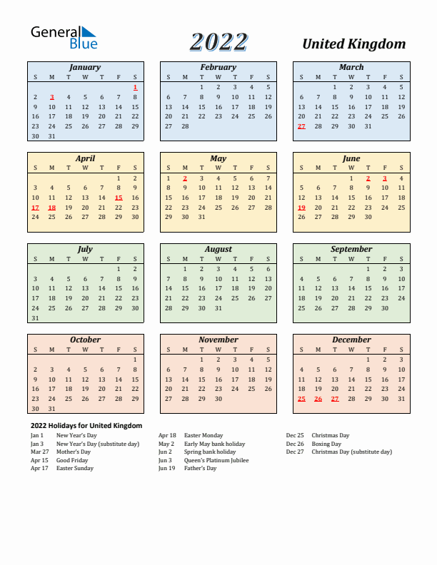 United Kingdom Calendar 2022 with Sunday Start