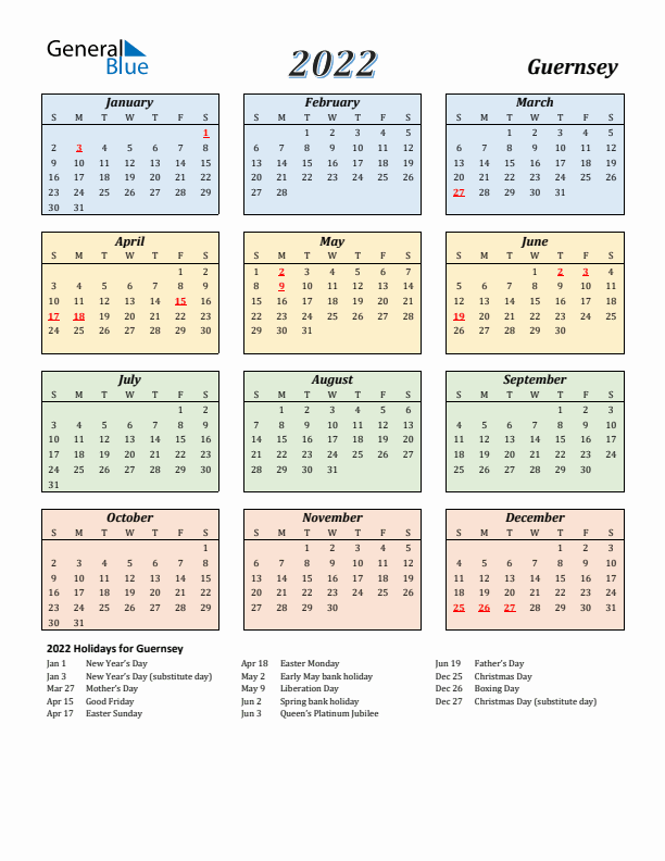 Guernsey Calendar 2022 with Sunday Start