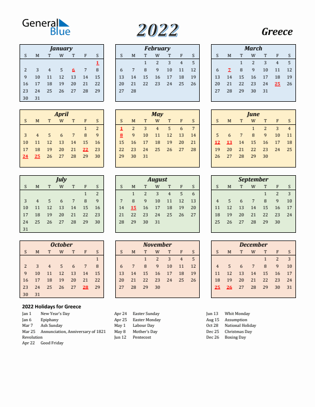 Greece Calendar 2022 with Sunday Start