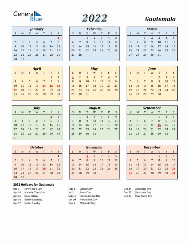 Guatemala Calendar 2022 with Sunday Start