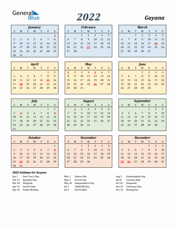 Guyana Calendar 2022 with Sunday Start
