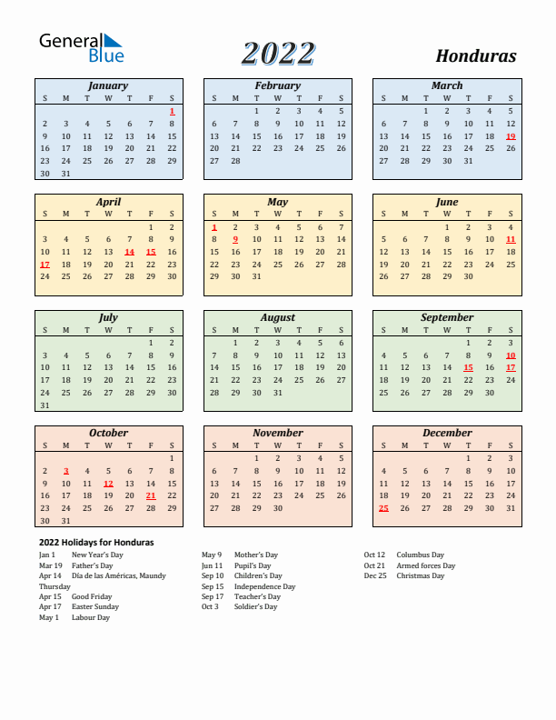 Honduras Calendar 2022 with Sunday Start