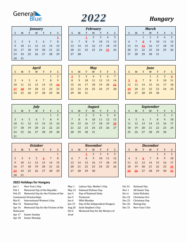 Hungary Calendar 2022 with Sunday Start
