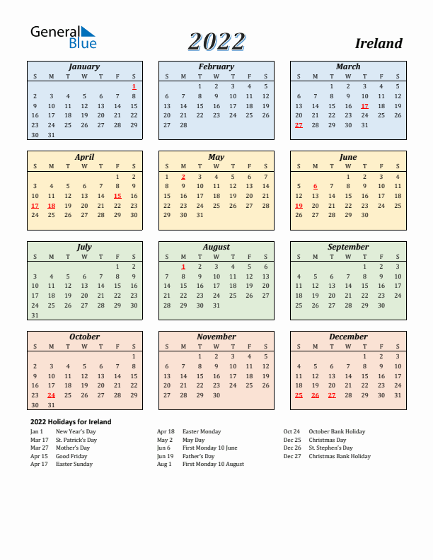 Ireland Calendar 2022 with Sunday Start
