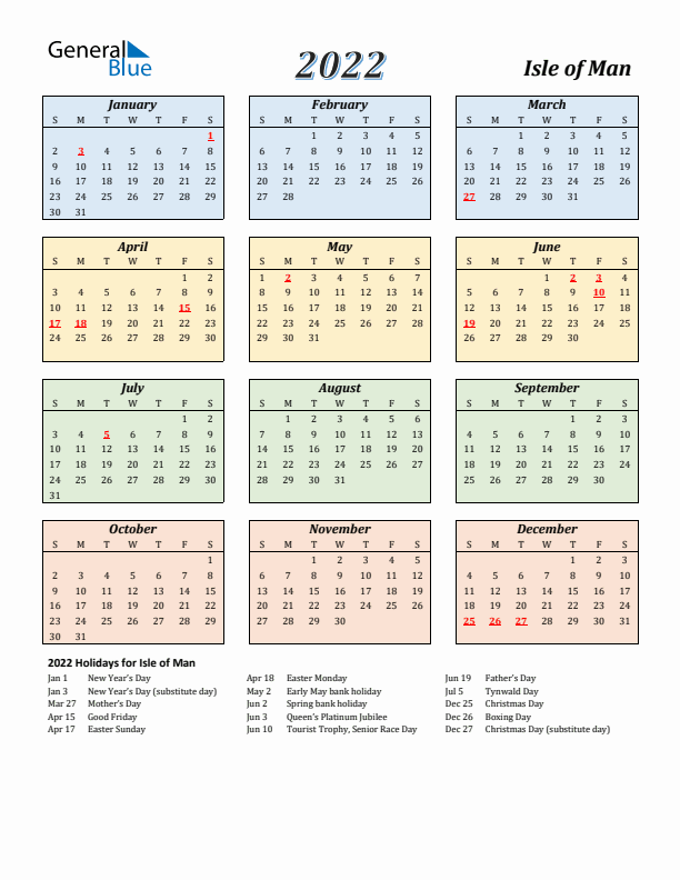 Isle of Man Calendar 2022 with Sunday Start