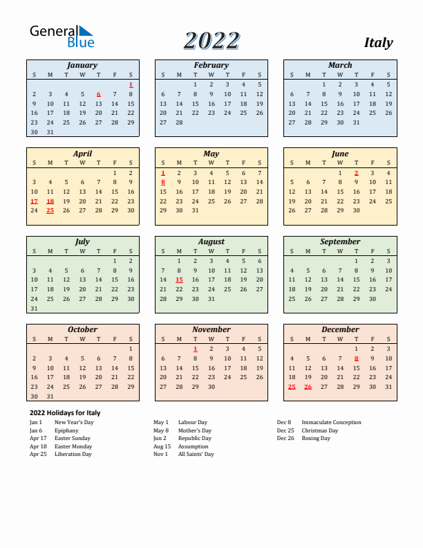 Italy Calendar 2022 with Sunday Start