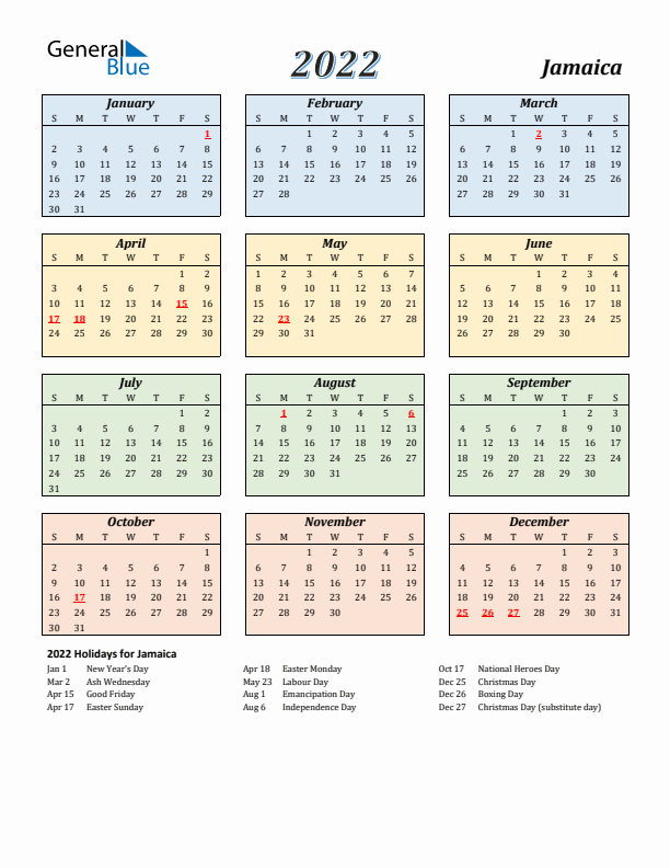 Jamaica Calendar 2022 with Sunday Start