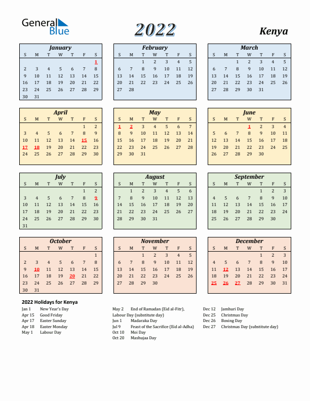 Kenya Calendar 2022 with Sunday Start