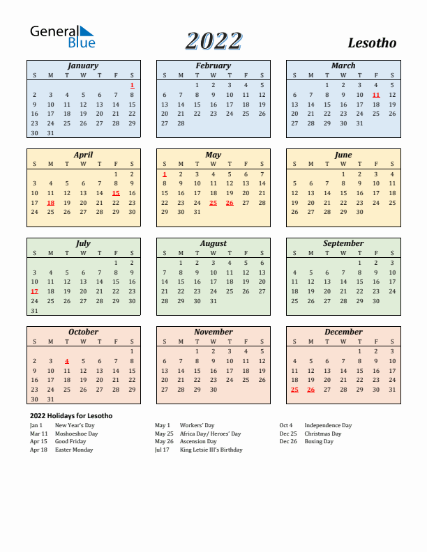 Lesotho Calendar 2022 with Sunday Start