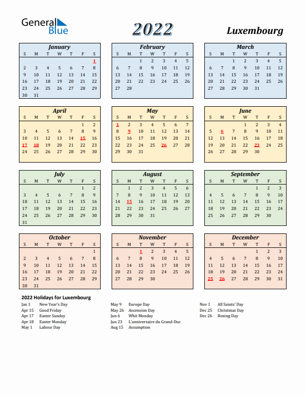 Luxembourg Calendar 2022 with Sunday Start