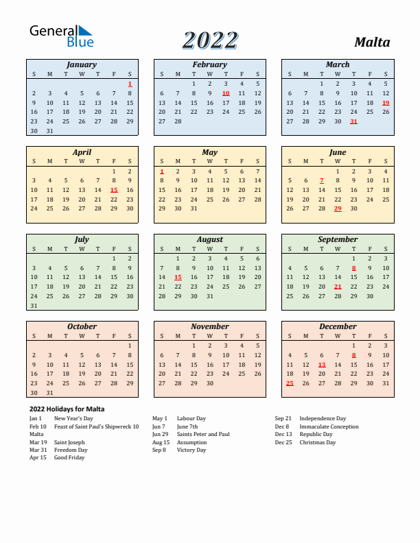 Malta Calendar 2022 with Sunday Start
