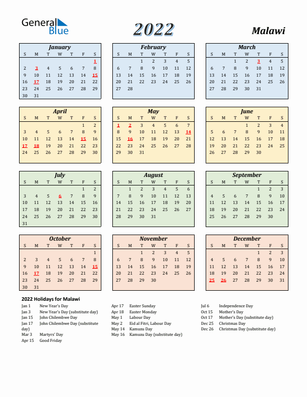 Malawi Calendar 2022 with Sunday Start