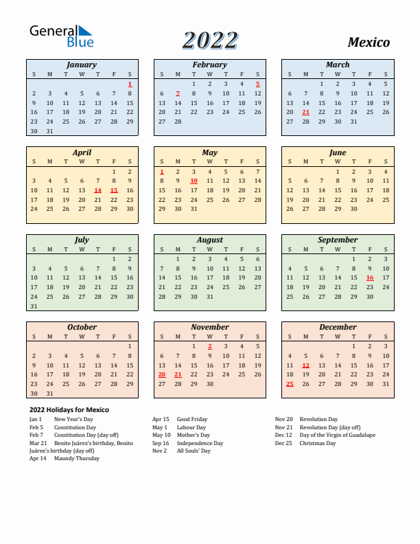 Mexico Calendar 2022 with Sunday Start