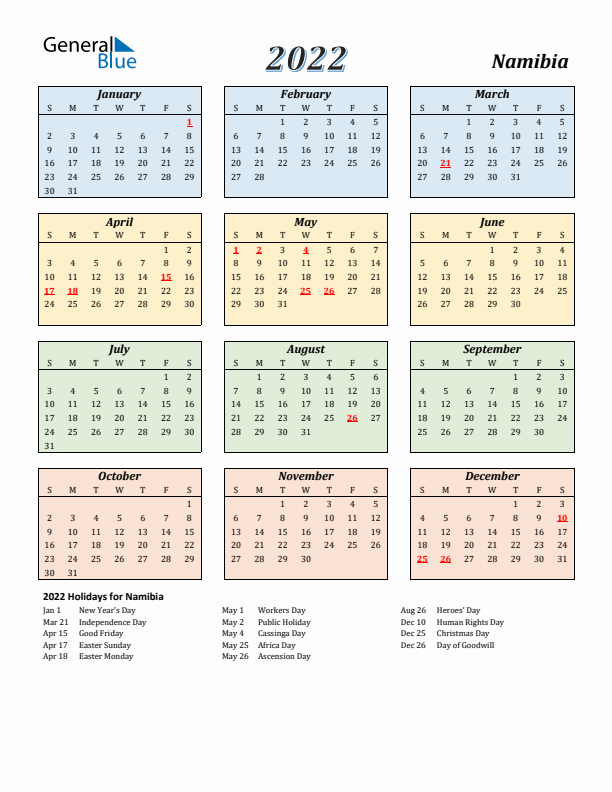 Namibia Calendar 2022 with Sunday Start