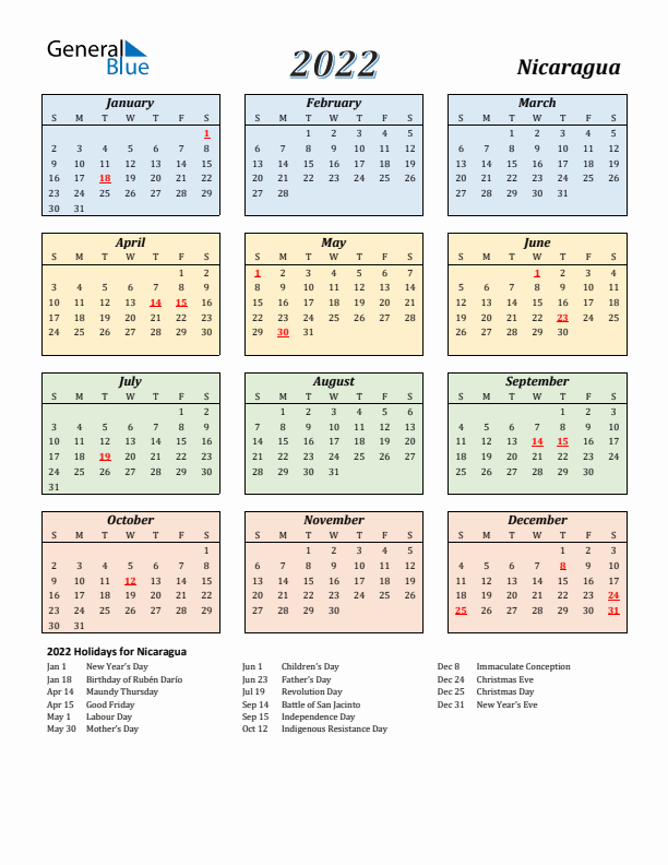 Nicaragua Calendar 2022 with Sunday Start