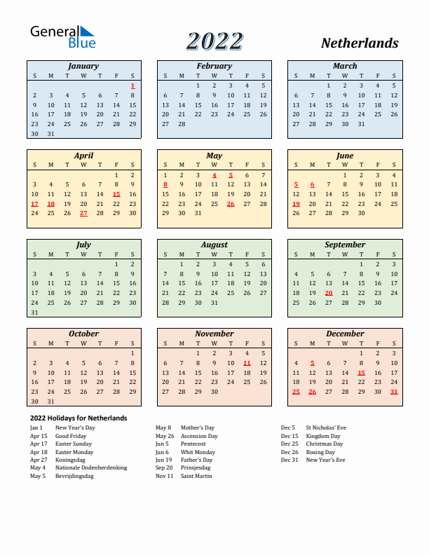 The Netherlands Calendar 2022 with Sunday Start