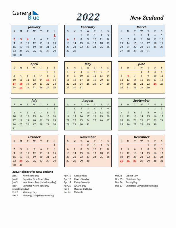 New Zealand Calendar 2022 with Sunday Start