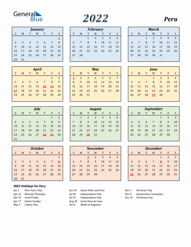 Peru Calendar 2022 with Sunday Start