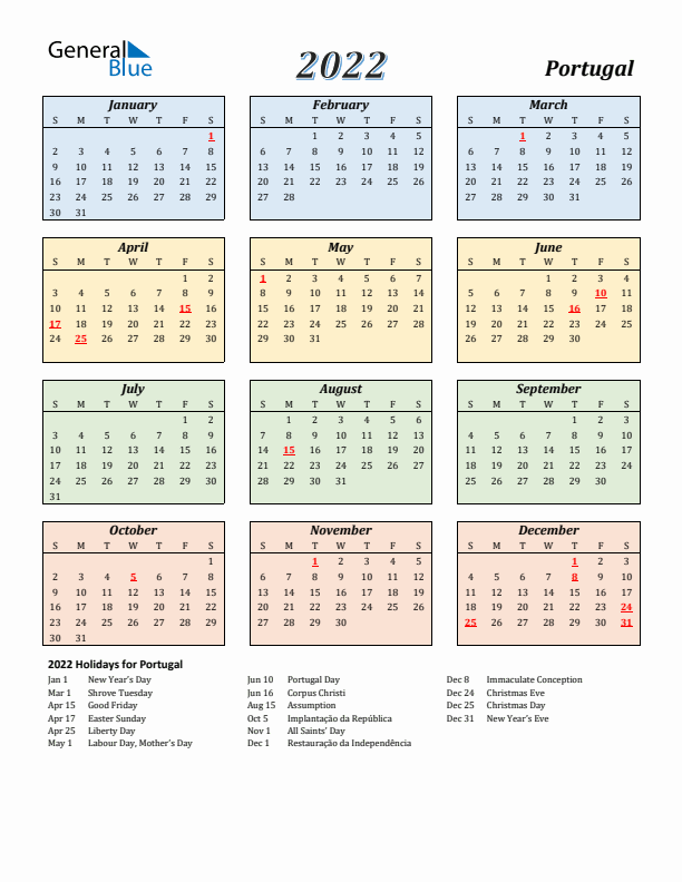 Portugal Calendar 2022 with Sunday Start