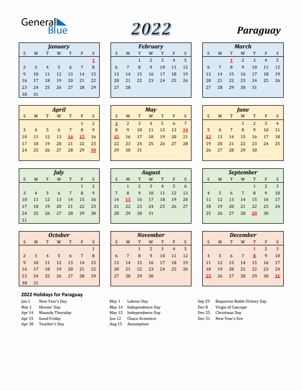 Paraguay Calendar 2022 with Sunday Start