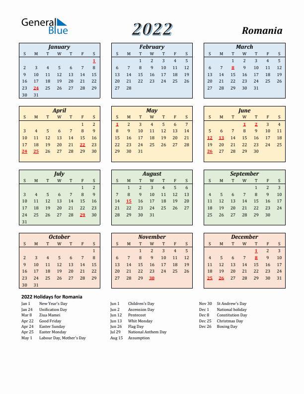 Romania Calendar 2022 with Sunday Start