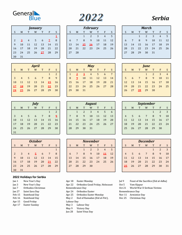Serbia Calendar 2022 with Sunday Start