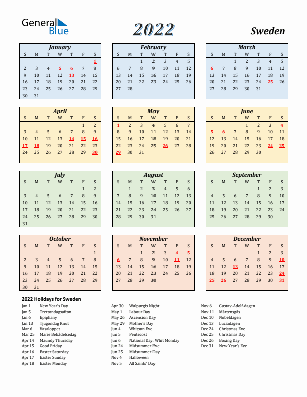 Sweden Calendar 2022 with Sunday Start