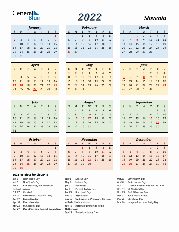 Slovenia Calendar 2022 with Sunday Start