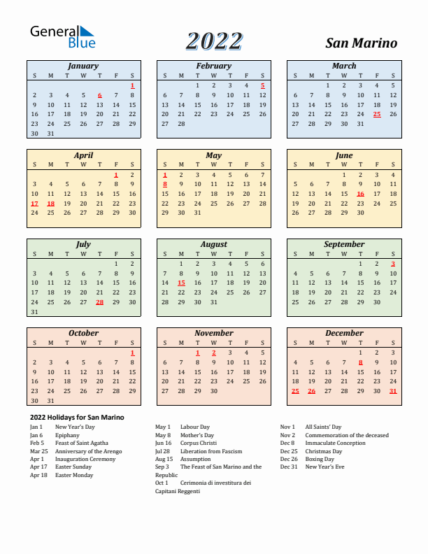 San Marino Calendar 2022 with Sunday Start