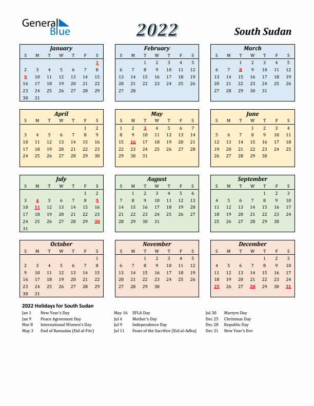 South Sudan Calendar 2022 with Sunday Start