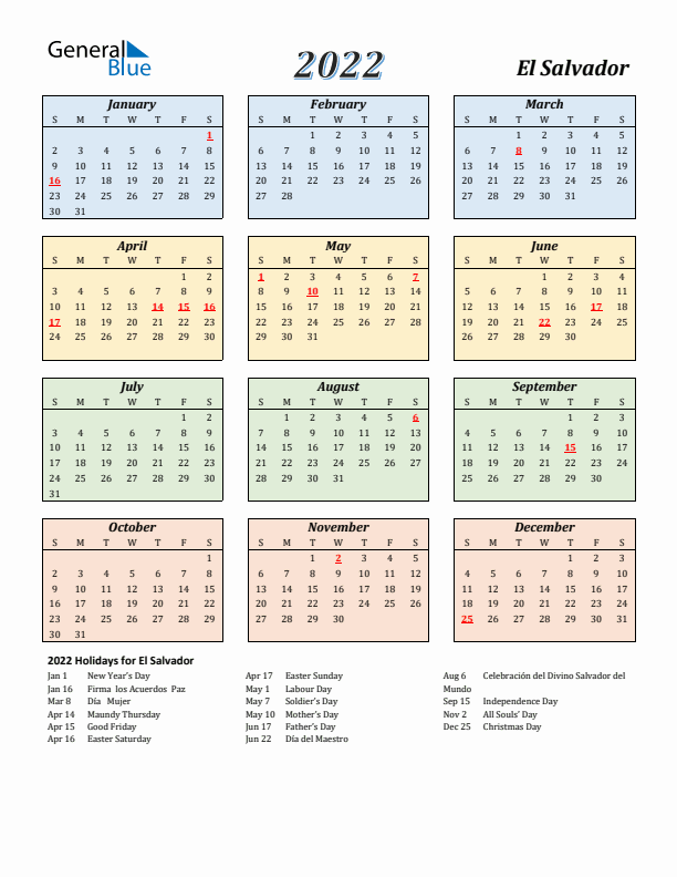 El Salvador Calendar 2022 with Sunday Start