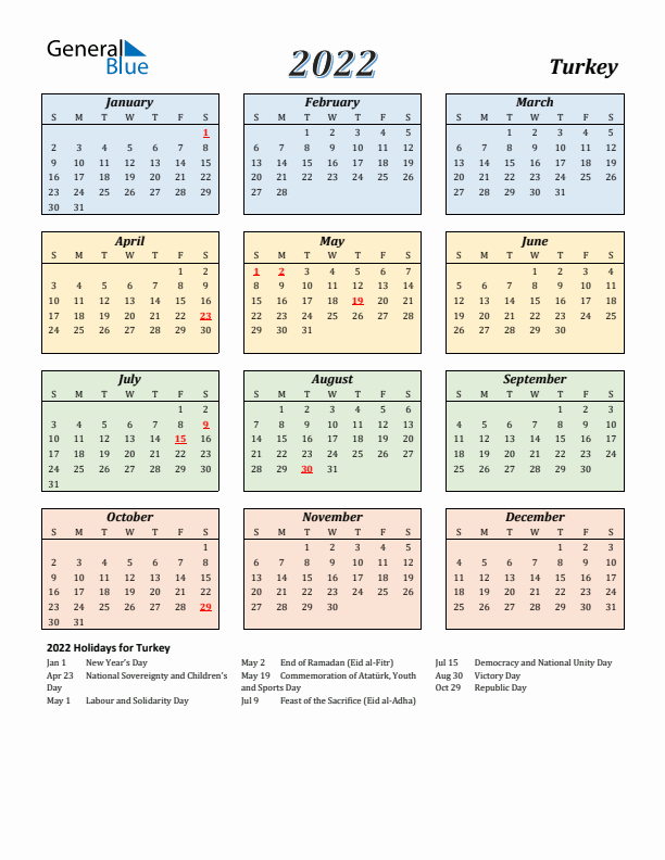 Turkey Calendar 2022 with Sunday Start