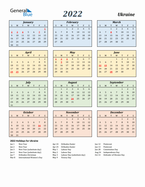 Ukraine Calendar 2022 with Sunday Start