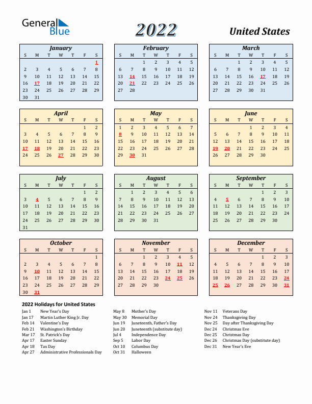 United States Calendar 2022 with Sunday Start